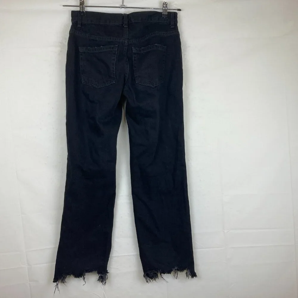 FREE PEOPLE Sz 25 Maggie Black Distressed Jeans Raw Hem Button Fly Mid Rise‎